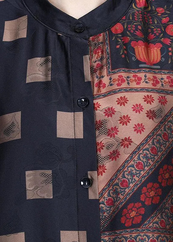 French Khaki Stand Collar Print Retro Summer Chiffon Cardigan