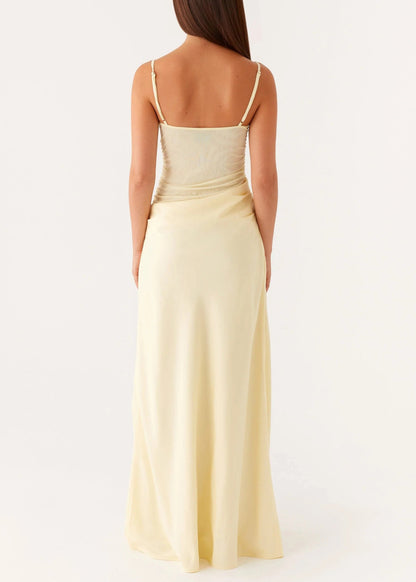 Yellow Wrinkled Tulle Patchwork Spaghetti Strap Dress Backless Summer
