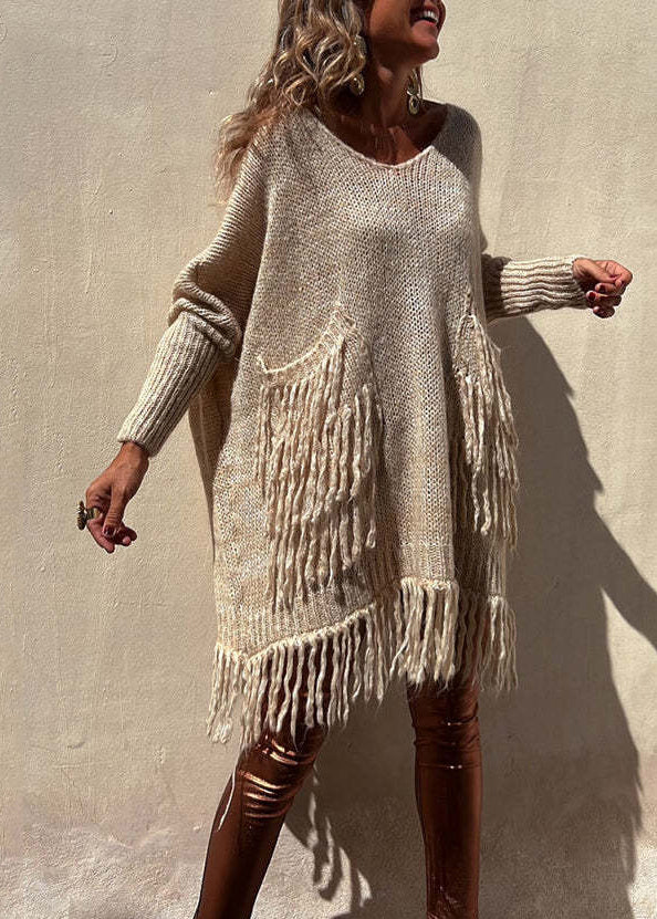 Stylish Light Camel Tasseled Pockets Knit Sweaters Fall
