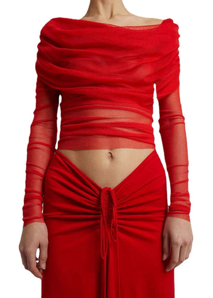 Black Slash Neck Pleated Tulle Long Sleeved Slim Fit T-shirt