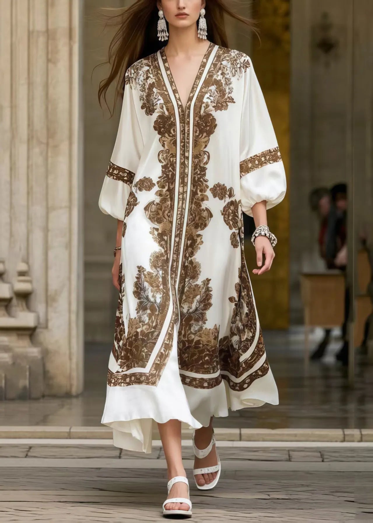 Brown Print Silk Maxi Dresses Oversized Summer