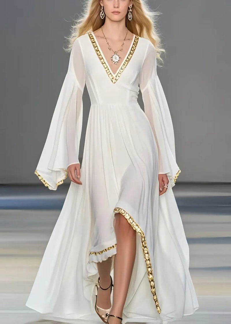 White Exra Large Hem Chiffon Robe Dresses Flare Sleeve