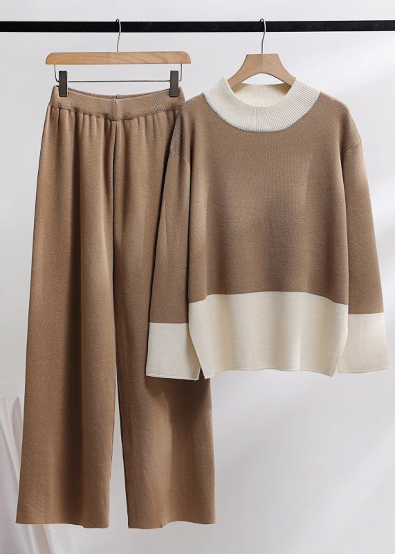 Boutique Dark Khaki O Neck Knit Two Piece Set Outfits Winter