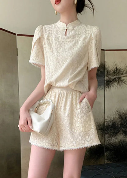 Jacquard Beige Stand Collar Lace Patchwork Chiffon Shirts and Shorts Two Pieces Set Summer