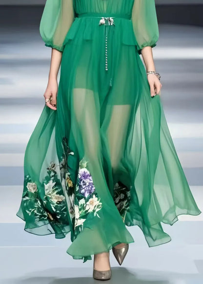 Modern Tea Green Print Chiffon Long Dress Bracelet Sleeve