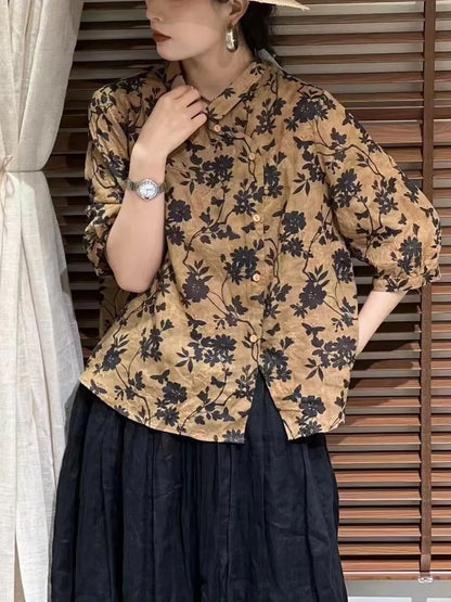 Summer Flower Slant Button-up Ramie Shirt