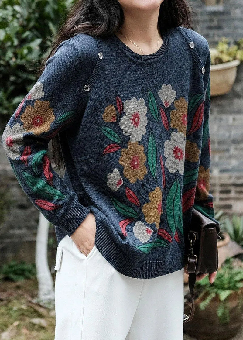 Italian Khaki O-neck Print Button Fall Sweater
