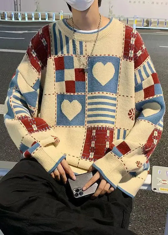 Apricot O Neck Plaid Knit Sweaters Winter