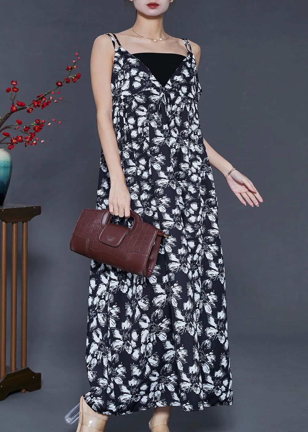 Black Print Exra Large Hem Chiffon Sundress Summer