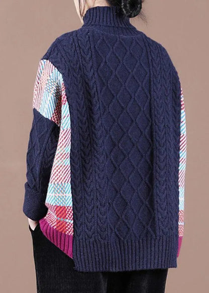 Fine Navy Patchwork High Neck Fall Knit Sweater