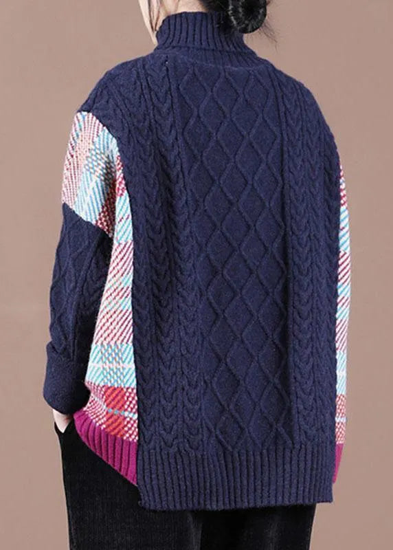 Fine Navy Patchwork High Neck Fall Knit Sweater