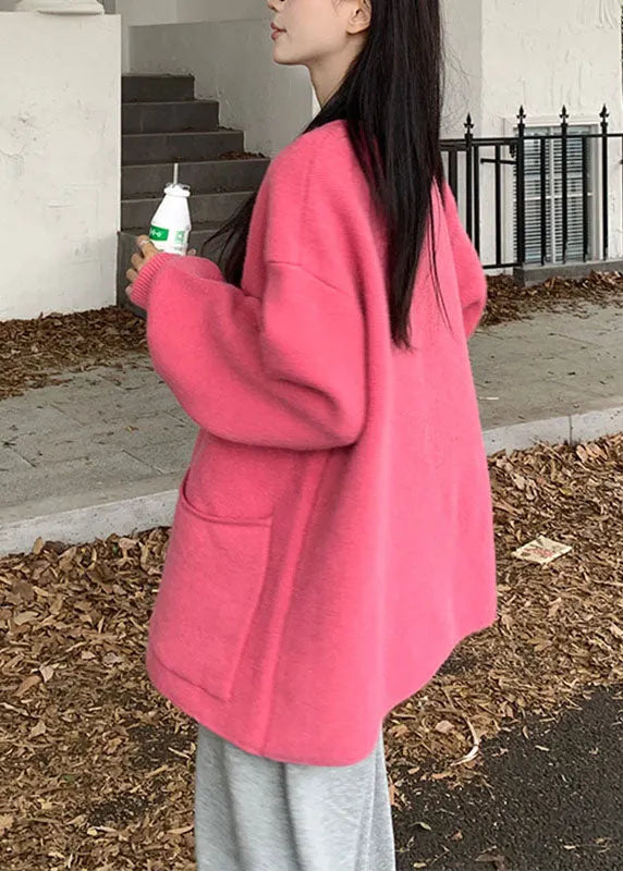 Pink O-neck Button Cotton Knit Sweaters Coats Fall