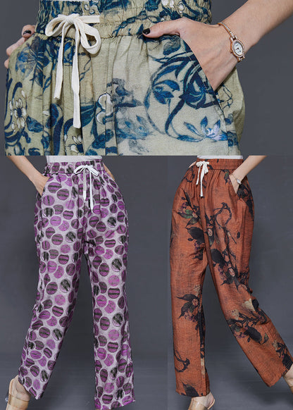 Handmade Orange Oversized Print Linen Pants Summer