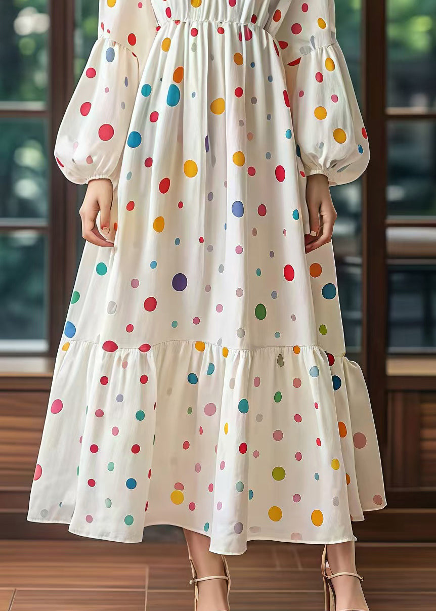 White Cinched Print Cotton Long Dress Lantern Sleeve