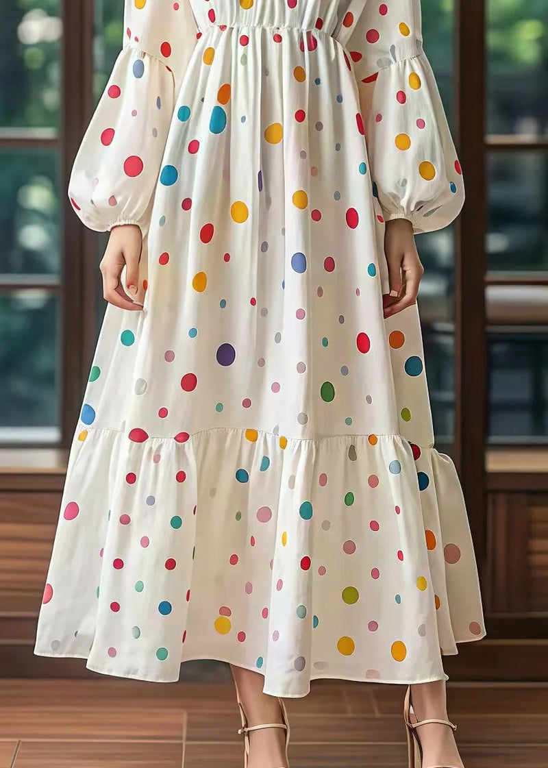White Cinched Print Cotton Long Dress Lantern Sleeve