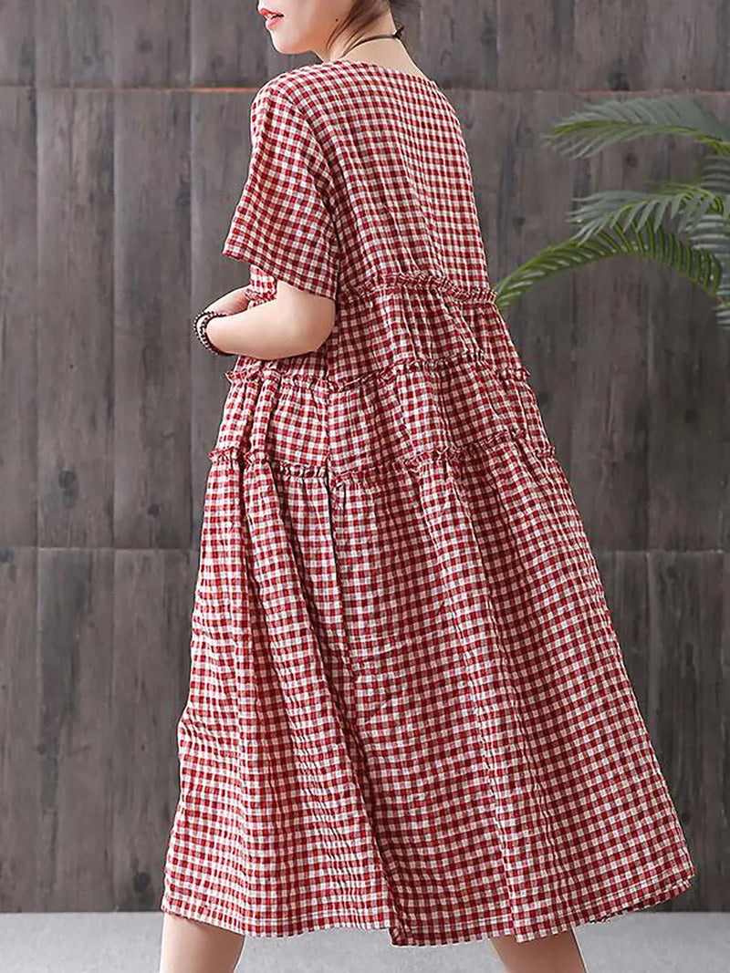 100%cotton Short Sleeve Plaid Dress