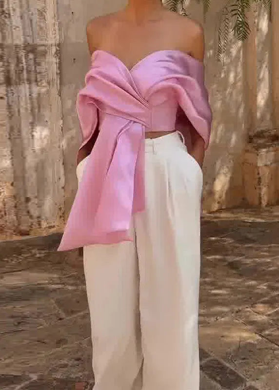 Stylish Pink Cold Shoulder Asymmetrical Silk Top Summer