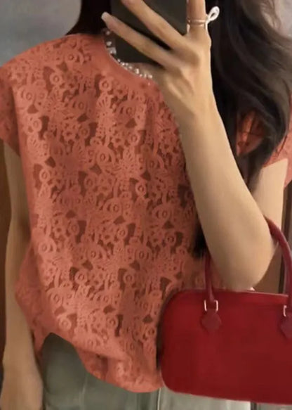 Orange O Neck Hollow Out Lace T Shirt Summer