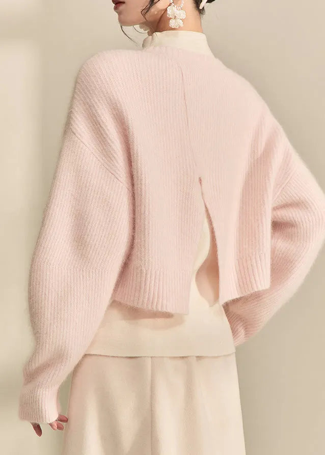 Pink O-neck Nail Bead Cotton Knit Short Sweater Spring