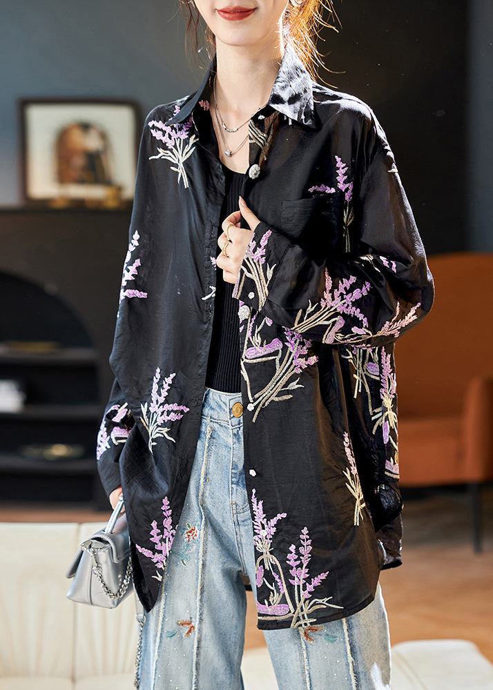 Black Peter Pan Collar Embroidered Silk Shirt Top Long Sleeve