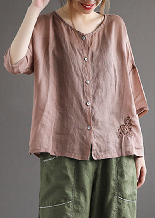 Classy Coffee O-neck Embroidered Button Linen Shirt Half Sleeve