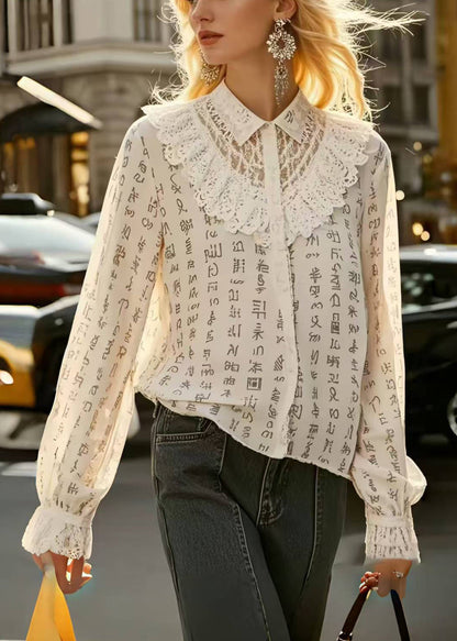 Beige Print Patchwork Lace Hollow Out Shirts Spring