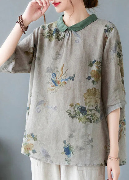 Greyish Green Peter Pan Collar Button Shirts Half Sleeve