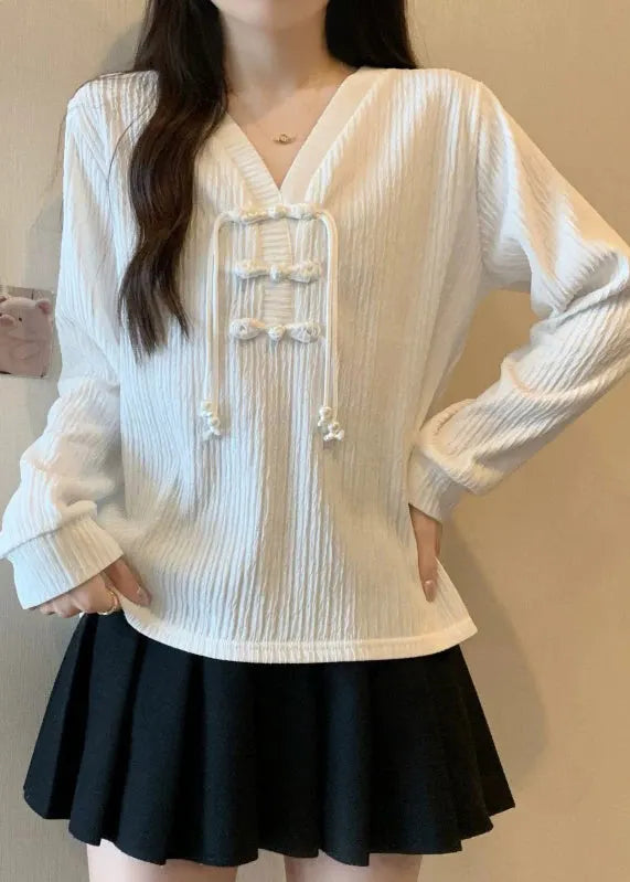 White V Neck Patchwork Cotton Shirt Top Fall