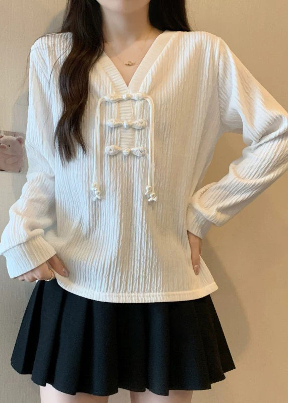 White V Neck Patchwork Cotton Shirt Top Fall