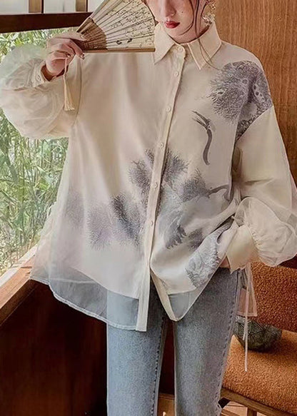 Black Peter Pan Collar Print Tulle Patchwork Silk Shirts Long Sleeve