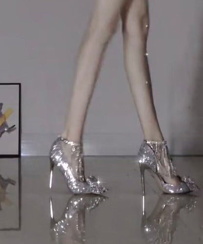 Silver Bow Tassel Zircon Splicing Stiletto High Heels