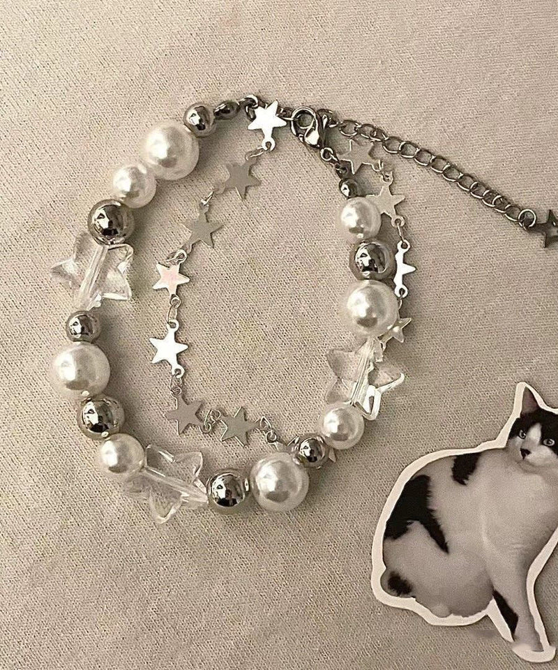 White Stainless Steel Star Double-layer Pearl Charm Bracelet