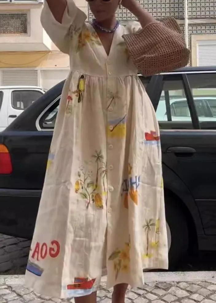 Unique White V Neck Print Button Cotton Long Dresses Summer