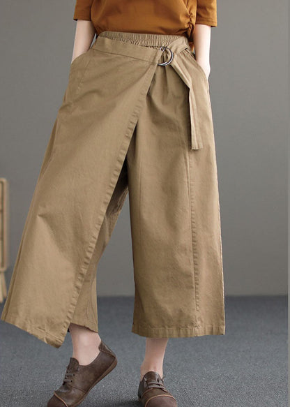 Khaki Cotton Wide Leg Pants Elastic Waist Asymmetrical Summer