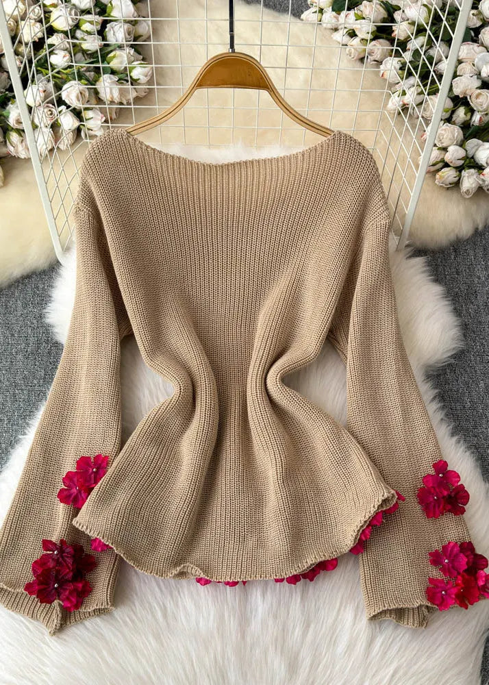 Stylish Khaki Slash Neck Cotton Knit Sweaters Winter