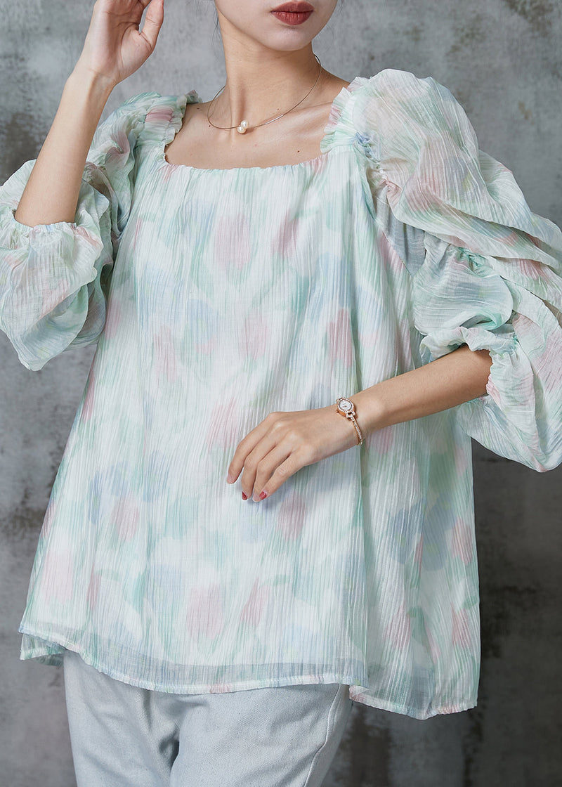 Light Green Square Collar Puff Sleeve Chiffon Blouses