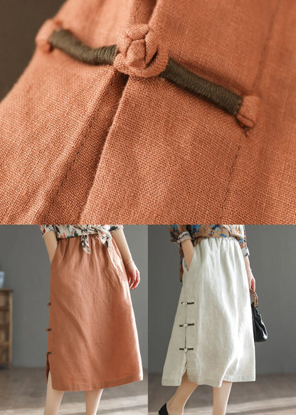 Orange Oriental Elastic Waist Pocket Linen a Line Skirts Summer