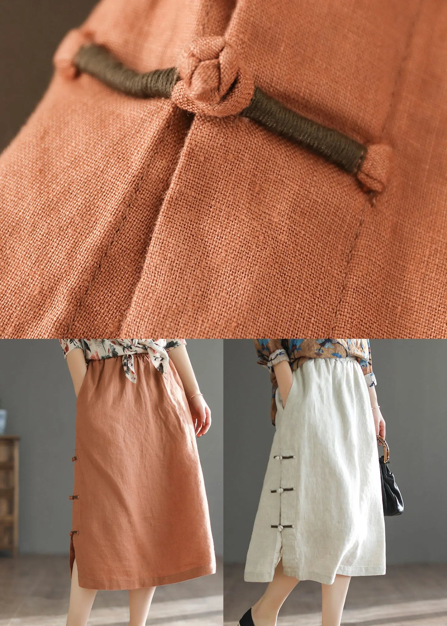 Orange Oriental Elastic Waist Pocket Linen a Line Skirts Summer