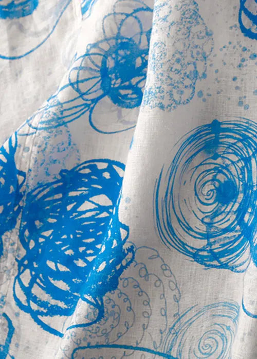 Loose Blue O Neck Print Side Open Cotton Dress Half Sleeve