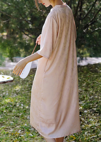 Pink Stand Collar Jacquard Silk Dresses Bracelet Sleeve