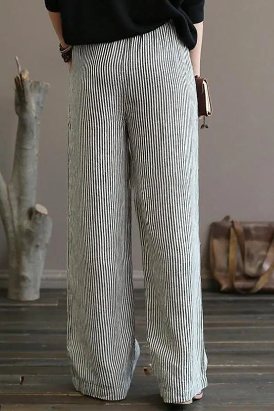 Limited Stock- 100% Linen Straight Pants for Black Stripe