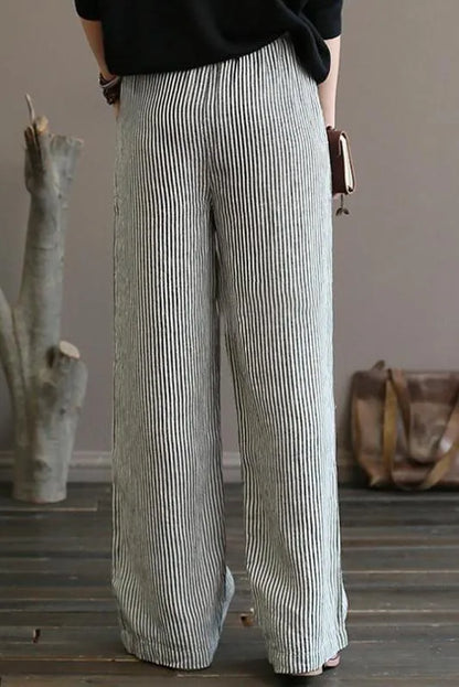 Limited Stock- 100% Linen Straight Pants for Black Stripe