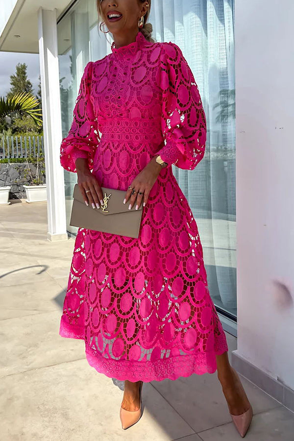 Romantic, Sensual and Crochet Lace Lantern Sleeve Party Midi Dress