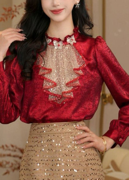 Red Ruffled Sequins Patchwork Silk Shirt Top Spring