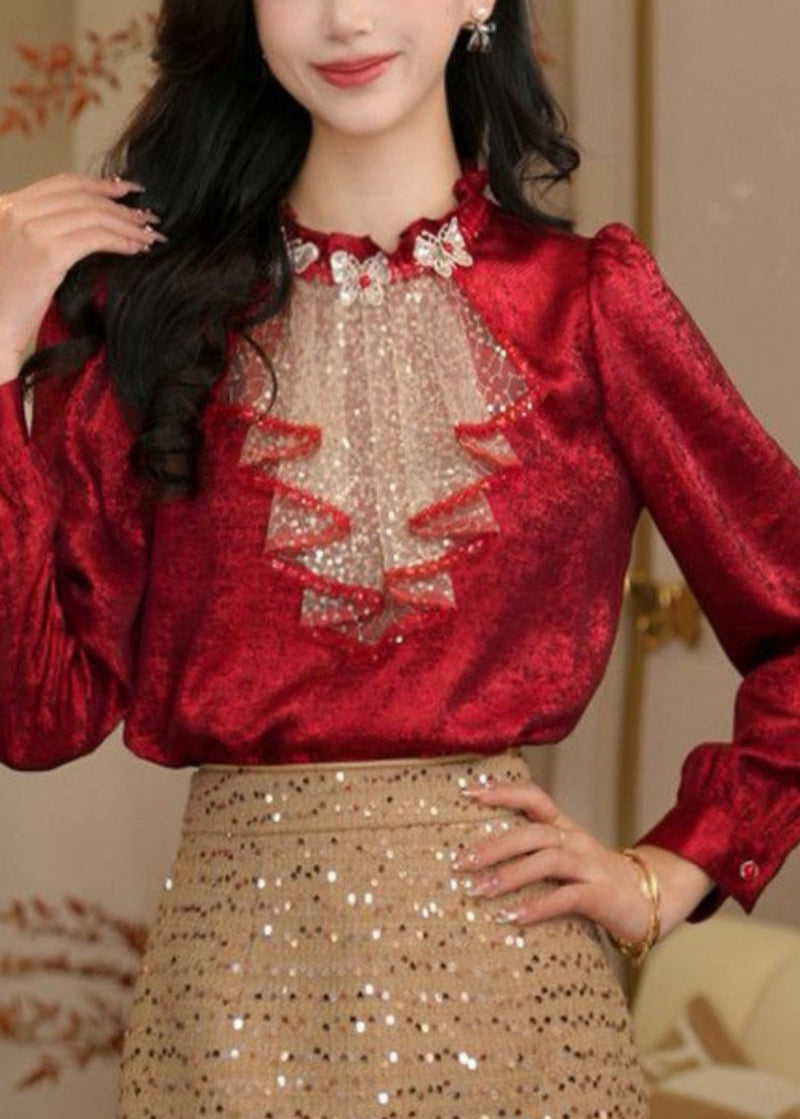 Red Ruffled Sequins Patchwork Silk Shirt Top Spring