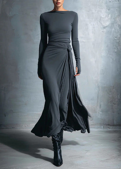 Fitted Grey Slash Neck Patchwork Cotton Long Dress Fall