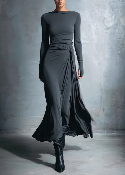 Fitted Grey Slash Neck Patchwork Cotton Long Dress Fall