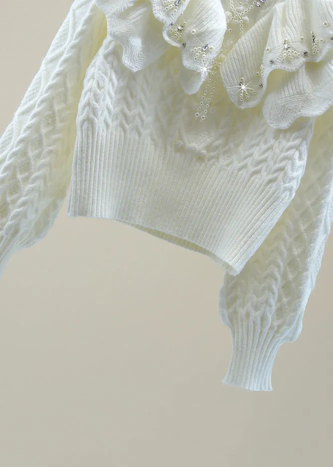 White Ruffled Patchwork Cotton Knit Sweater Lantern Sleeve