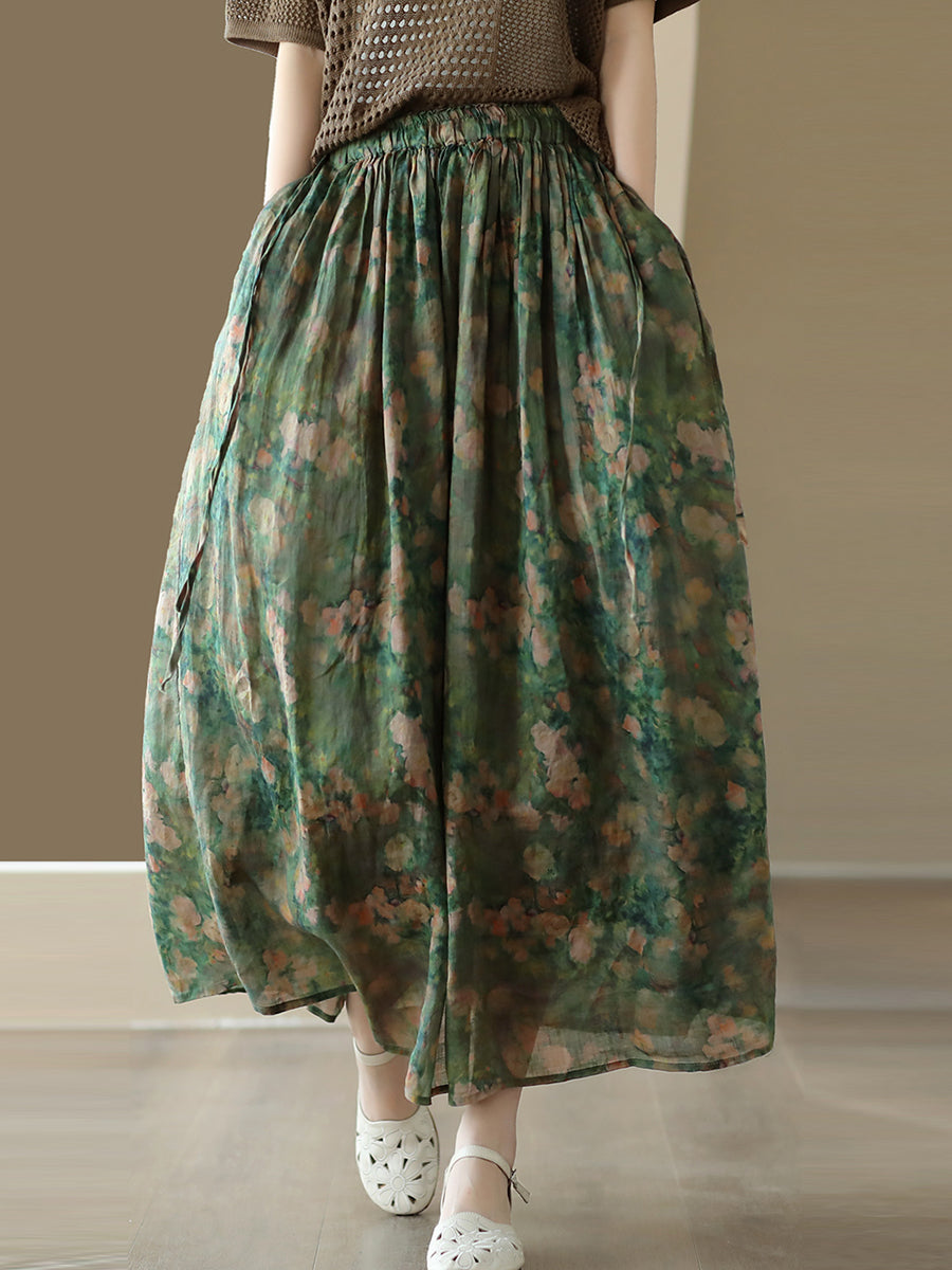 Summer Artsy Drawstring Loose Ramie Skirt