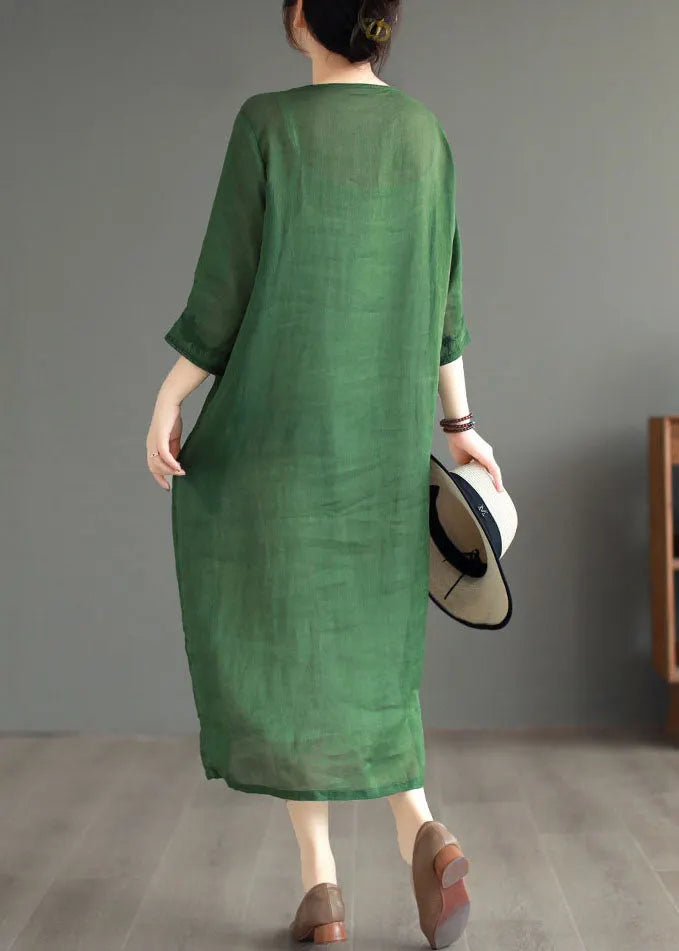 Boutique Green Embroidered Patchwork Linen Dresses Bracelet Sleeve